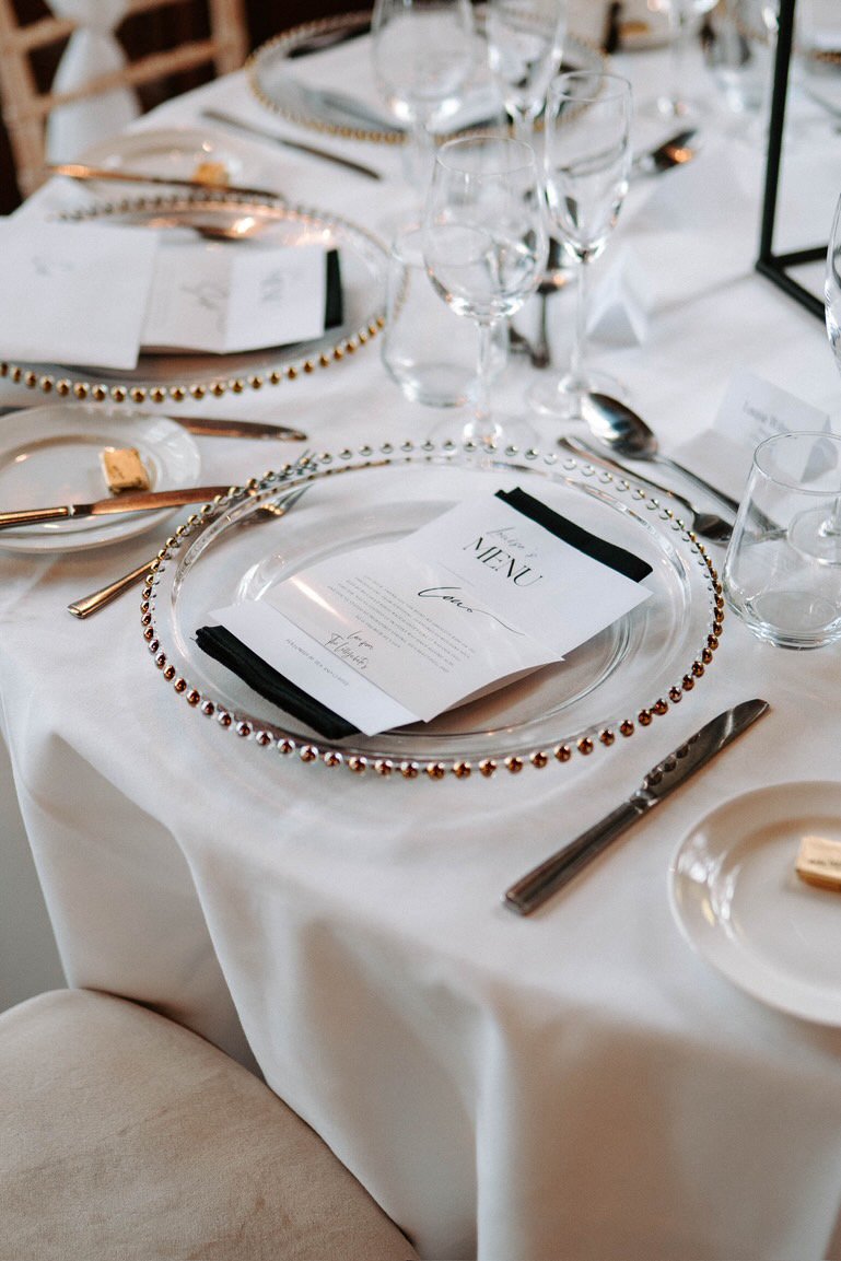 Silver beaded charger plates at a Create A Look styled wedding